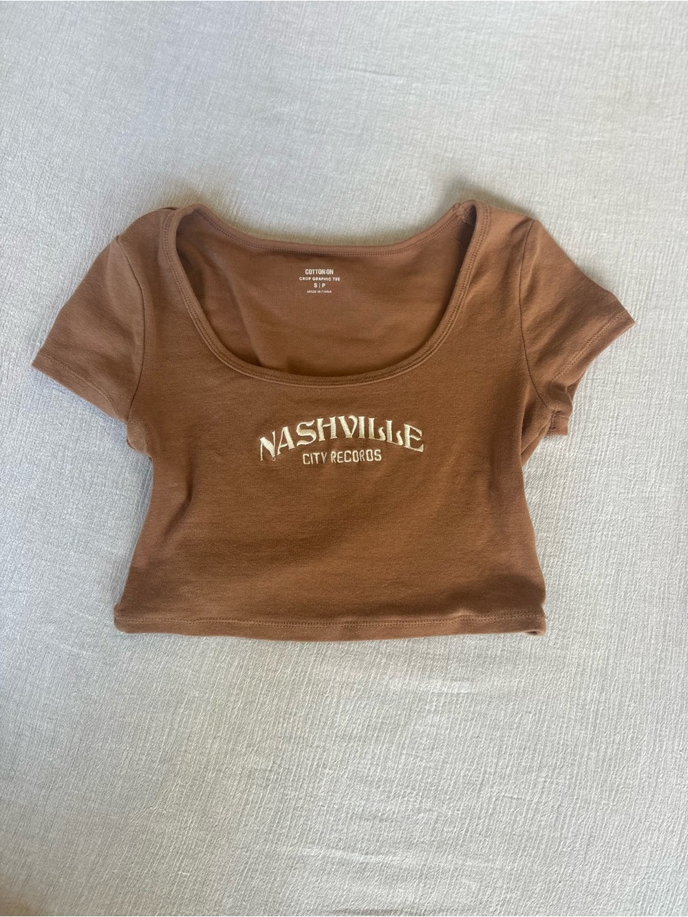 Cotton On Brown 'Nashville City Records' Scoop Neck Crop Top